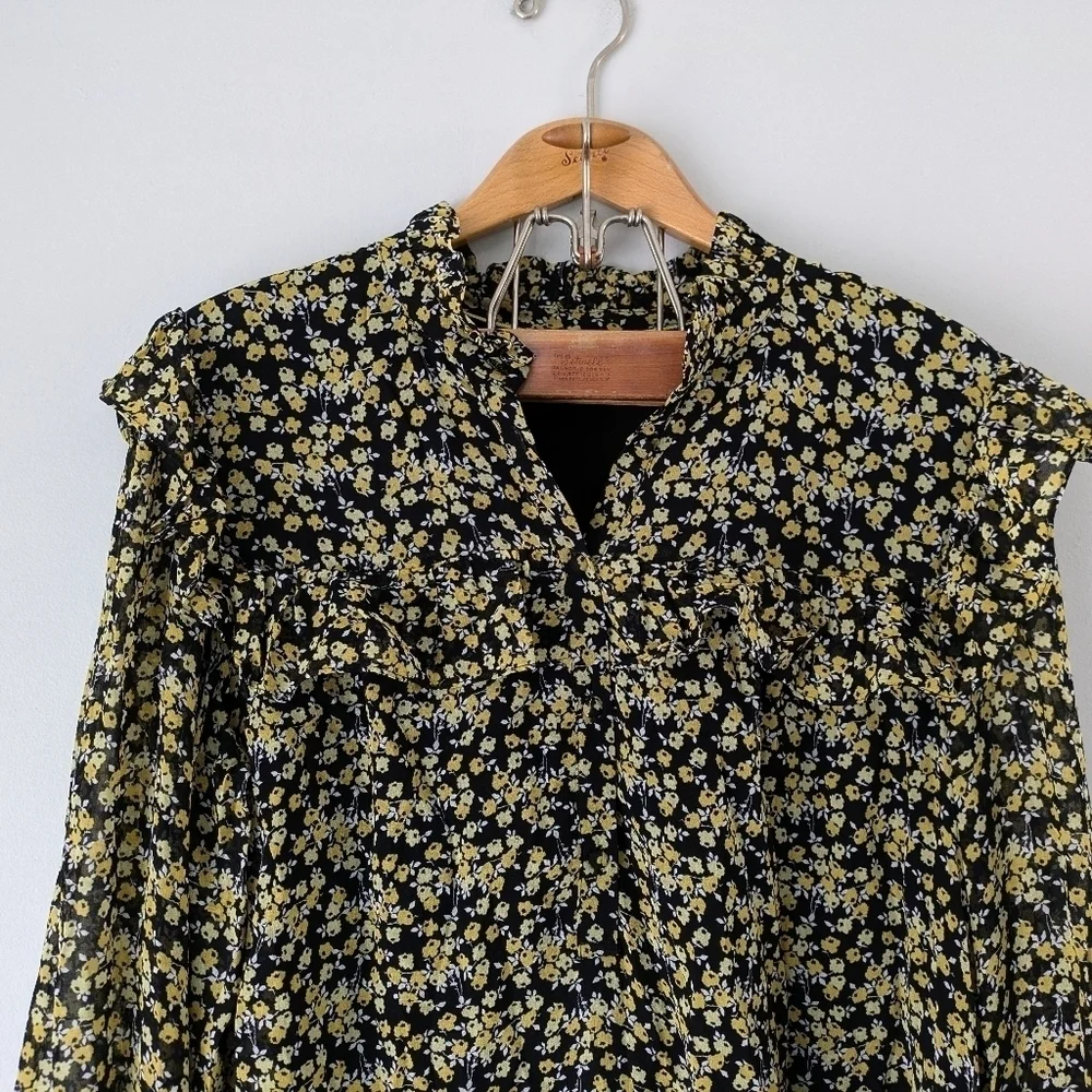 Boden Shirt Women's 16/18R Black Yellow Abstract Sprig Zoe Frill Detail Blouse - Picture 2 of 6